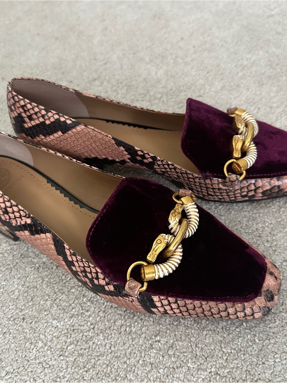 Tory Burch Women's Velvet and Snake-Print Loafers in Burgundy and Pink - Picture 5 of 12